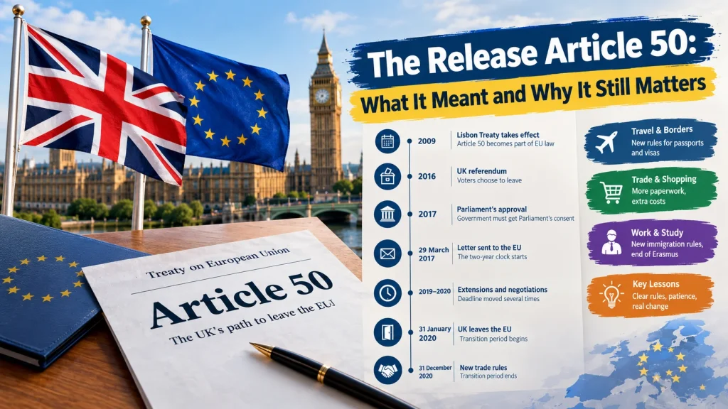 The release article 50: What It Meant and Why It Still Matters Few legal clauses made global headlines like Article 50 did. For years, people argued about it at work, at home, and online. The release article 50 story began when the UK chose to leave the European Union, and it changed daily life for millions of people. This guide explains it in plain words. You will learn what the clause says, how the process worked, and what happened next. Grab a cup of tea, and let's get started. ## What Is Article 50 in Plain English? Article 50 is a short rule inside the Treaty on European Union. It tells any member country how to leave the EU. Before this rule existed, no formal exit path was in place. ### Where the Rule Came From The Lisbon Treaty added Article 50. It took effect in December 2009. Most people had never heard of it until 2016. The authors wrote it as a safety valve. They wanted any member to have a clear, lawful way out. Nobody expected a big member like the UK to use it so soon. ### How the Exit Clock Works The rule is simple. A country decides to leave under its own legal rules. Then it tells the European Council in writing. That letter starts a two-year countdown. During that time, both sides negotiate the terms of the split. The clock can stop earlier if a deal is signed, or it can grow longer if every member agrees. ## The Road to the Release: A Step-by-Step Story The release article 50 moment did not happen overnight. Several big events came first. Each one shaped what followed. ### The 2016 Referendum On 23 June 2016, UK voters went to the polls. About 51.9 percent chose to leave the EU. The result shocked many people on both sides. Then a big question popped up. Who gets to start the exit process: the government or Parliament? That question landed in court. ### The Court Battle Over Who Decides Businesswoman Gina Miller led a legal challenge. Her team argued that only Parliament could trigger the exit. The government argued that it could act alone using its royal powers. The High Court sided with Miller in November 2016. The Supreme Court agreed in January 2017, with eight of eleven judges backing that view. The release article 50 plan now needed a vote in Parliament. ### The Letter That Started the Clock Parliament passed a short law in March 2017. Soon after, Prime Minister Theresa May signed a six-page letter. On 29 March 2017, the UK's ambassador handed it to European Council President Donald Tusk in Brussels. The countdown began that day. The two-year deadline pointed to 29 March 2019. Tusk said the UK had "delivered" after nine months of waiting. ## The Key Dates at a Glance A timeline helps here, because the story has many moving parts. This table shows the main steps from vote to exit. Read it top to bottom. | **Date** | **Event** | **Why It Mattered** | | --------------------- | -------------------------- | -------------------------------------------------- | | December 2009 | Lisbon Treaty takes effect | Article 50 became part of EU law | | 23 June 2016 | UK referendum | Voters chose to leave | | November 2016 | High Court ruling | Parliament, not the government alone, must approve | | January 2017 | Supreme Court ruling | The top court confirmed the High Court decision | | 29 March 2017 | May sends the letter | The two-year clock started | | March to October 2019 | Deadline extensions | Both sides needed more time | | 31 January 2020 | UK leaves the EU | The transition period began | | 31 December 2020 | Transition period ends | New trade rules started | ## Why the Two-Year Clock Did Not End the Story Most people expected a clean break in March 2019. That did not happen. The talks proved harder than anyone guessed. ### The Extensions The release article 50 timeline stretched because Parliament rejected the first withdrawal deal several times. Leaders in Brussels then agreed to extend the deadline. They did it more than once. The date moved from March 2019 to April, then to October, and finally to January 2020. Each extension needed approval from all EU members. That shows how the rule works in real life: the clock bends only when everyone agrees. ### The Deal and the Exit Boris Johnson's government reached a new withdrawal agreement in October 2019. Parliament passed it in early 2020. The UK left the EU at 11 pm GMT on 31 January 2020. A transition period followed. During those eleven months, most rules stayed the same. Then the two sides signed a trade agreement on Christmas Eve 2020, just days before the deadline. ## How It Changed Everyday Life Big legal news can feel far away. Yet this one reached kitchens, airports, and workplaces. Here are a few real examples. ### Travel and Borders British travelers now use different lanes at many EU airports. Passports need enough validity left on them. Visits to EU countries can last only 90 days in any 180-day period without a visa. ### Trade and Shopping Companies that sell goods across the Channel now fill out more paperwork. Small online shops felt this first. Some of them paused EU sales until they learned the new rules. Shoppers noticed it too. A parcel from a European seller sometimes arrives with extra fees. Checking the customs rules before you order saves a headache. ### Work and Study EU citizens who wanted to work in the UK need to follow the new immigration system. British citizens face similar steps in EU countries. Students also lost easy access to the Erasmus exchange program, although the UK later set up its own scheme. ## Common Myths About Article 50 Plenty of confusion floats around online. Let's clear up a few points. Short answers help most. **Myth: Article 50 means the UK left the day it started.** It did not. The letter only began the talks. The exit came almost three years later. **Myth: Only the UK can ever use it.** Any EU member can invoke the rule. Greenland left the EU's predecessor earlier by a different route, but Article 50 is the formal tool today. **Myth: Nobody can cancel after sending the letter.** In December 2018, the EU's top court ruled that a country can withdraw its notice on its own. That ruling came from a case brought by Scottish politicians. It gave the UK an option that it did not use. ## Lessons Anyone Can Take From This Story Even if you never plan to leave a union, this story teaches useful things. First, big decisions need clear steps. A vague plan leads to long fights. Second, deadlines can move, but only with agreement. Third, details matter. A single legal question about who holds the power took months to settle and shaped the whole path. Finally, change touches normal life. Passport lines, shipping fees, and school exchanges all felt the effect. Knowing the basics helps you read the news with more confidence. ## Frequently Asked Questions ### What does Article 50 do? It gives any EU country a legal way to leave the union. The country sends a written notice, and a two-year talking period begins. ### When did the UK trigger Article 50? The UK triggered it on 29 March 2017. Theresa May's letter reached Donald Tusk in Brussels that day. ### Why did the UK need Parliament's approval? The Supreme Court ruled in January 2017 that the government could not act alone. Parliament had to pass a law first. ### Did the two-year deadline change? Yes. EU leaders agreed to extend it several times. The final exit date became 31 January 2020. ### Can a country cancel the process after it starts? Yes. The EU's top court ruled in 2018 that a country can withdraw its notice on its own. The rule applies as long as the process has not finished. ## Final Thoughts The release article 50 story shows how a few lines of law can reshape a nation. The clause set out a two-year path, but real life took far longer. Courts, Parliament, and leaders in Brussels all played a part. Remember the key points. The Lisbon Treaty created the rule. The UK triggered it on 29 March 2017 after a court ruling. The country left in January 2020, and new trade terms began at the end of that year. If you follow one lesson, make it this one. Clear rules help, but patience helps more. Now you can explain this topic to a friend over coffee. content ar upor vitti kore amake akta image banai dao image size 16:9.