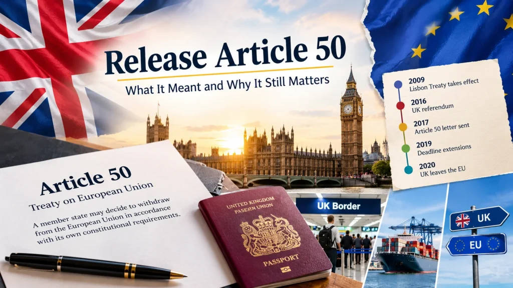 The release article 50: What It Meant and Why It Still Matters Few legal clauses made global headlines like Article 50 did. For years, people argued about it at work, at home, and online. The release article 50 story began when the UK chose to leave the European Union, and it changed daily life for millions of people. This guide explains it in plain words. You will learn what the clause says, how the process worked, and what happened next. Grab a cup of tea, and let's get started. ## What Is Article 50 in Plain English? Article 50 is a short rule inside the Treaty on European Union. It tells any member country how to leave the EU. Before this rule existed, no formal exit path was in place. ### Where the Rule Came From The Lisbon Treaty added Article 50. It took effect in December 2009. Most people had never heard of it until 2016. The authors wrote it as a safety valve. They wanted any member to have a clear, lawful way out. Nobody expected a big member like the UK to use it so soon. ### How the Exit Clock Works The rule is simple. A country decides to leave under its own legal rules. Then it tells the European Council in writing. That letter starts a two-year countdown. During that time, both sides negotiate the terms of the split. The clock can stop earlier if a deal is signed, or it can grow longer if every member agrees. ## The Road to the Release: A Step-by-Step Story The release article 50 moment did not happen overnight. Several big events came first. Each one shaped what followed. ### The 2016 Referendum On 23 June 2016, UK voters went to the polls. About 51.9 percent chose to leave the EU. The result shocked many people on both sides. Then a big question popped up. Who gets to start the exit process: the government or Parliament? That question landed in court. ### The Court Battle Over Who Decides Businesswoman Gina Miller led a legal challenge. Her team argued that only Parliament could trigger the exit. The government argued that it could act alone using its royal powers. The High Court sided with Miller in November 2016. The Supreme Court agreed in January 2017, with eight of eleven judges backing that view. The release article 50 plan now needed a vote in Parliament. ### The Letter That Started the Clock Parliament passed a short law in March 2017. Soon after, Prime Minister Theresa May signed a six-page letter. On 29 March 2017, the UK's ambassador handed it to European Council President Donald Tusk in Brussels. The countdown began that day. The two-year deadline pointed to 29 March 2019. Tusk said the UK had "delivered" after nine months of waiting. ## The Key Dates at a Glance A timeline helps here, because the story has many moving parts. This table shows the main steps from vote to exit. Read it top to bottom. | **Date** | **Event** | **Why It Mattered** | | --------------------- | -------------------------- | -------------------------------------------------- | | December 2009 | Lisbon Treaty takes effect | Article 50 became part of EU law | | 23 June 2016 | UK referendum | Voters chose to leave | | November 2016 | High Court ruling | Parliament, not the government alone, must approve | | January 2017 | Supreme Court ruling | The top court confirmed the High Court decision | | 29 March 2017 | May sends the letter | The two-year clock started | | March to October 2019 | Deadline extensions | Both sides needed more time | | 31 January 2020 | UK leaves the EU | The transition period began | | 31 December 2020 | Transition period ends | New trade rules started | ## Why the Two-Year Clock Did Not End the Story Most people expected a clean break in March 2019. That did not happen. The talks proved harder than anyone guessed. ### The Extensions The release article 50 timeline stretched because Parliament rejected the first withdrawal deal several times. Leaders in Brussels then agreed to extend the deadline. They did it more than once. The date moved from March 2019 to April, then to October, and finally to January 2020. Each extension needed approval from all EU members. That shows how the rule works in real life: the clock bends only when everyone agrees. ### The Deal and the Exit Boris Johnson's government reached a new withdrawal agreement in October 2019. Parliament passed it in early 2020. The UK left the EU at 11 pm GMT on 31 January 2020. A transition period followed. During those eleven months, most rules stayed the same. Then the two sides signed a trade agreement on Christmas Eve 2020, just days before the deadline. ## How It Changed Everyday Life Big legal news can feel far away. Yet this one reached kitchens, airports, and workplaces. Here are a few real examples. ### Travel and Borders British travelers now use different lanes at many EU airports. Passports need enough validity left on them. Visits to EU countries can last only 90 days in any 180-day period without a visa. ### Trade and Shopping Companies that sell goods across the Channel now fill out more paperwork. Small online shops felt this first. Some of them paused EU sales until they learned the new rules. Shoppers noticed it too. A parcel from a European seller sometimes arrives with extra fees. Checking the customs rules before you order saves a headache. ### Work and Study EU citizens who wanted to work in the UK need to follow the new immigration system. British citizens face similar steps in EU countries. Students also lost easy access to the Erasmus exchange program, although the UK later set up its own scheme. ## Common Myths About Article 50 Plenty of confusion floats around online. Let's clear up a few points. Short answers help most. **Myth: Article 50 means the UK left the day it started.** It did not. The letter only began the talks. The exit came almost three years later. **Myth: Only the UK can ever use it.** Any EU member can invoke the rule. Greenland left the EU's predecessor earlier by a different route, but Article 50 is the formal tool today. **Myth: Nobody can cancel after sending the letter.** In December 2018, the EU's top court ruled that a country can withdraw its notice on its own. That ruling came from a case brought by Scottish politicians. It gave the UK an option that it did not use. ## Lessons Anyone Can Take From This Story Even if you never plan to leave a union, this story teaches useful things. First, big decisions need clear steps. A vague plan leads to long fights. Second, deadlines can move, but only with agreement. Third, details matter. A single legal question about who holds the power took months to settle and shaped the whole path. Finally, change touches normal life. Passport lines, shipping fees, and school exchanges all felt the effect. Knowing the basics helps you read the news with more confidence. ## Frequently Asked Questions ### What does Article 50 do? It gives any EU country a legal way to leave the union. The country sends a written notice, and a two-year talking period begins. ### When did the UK trigger Article 50? The UK triggered it on 29 March 2017. Theresa May's letter reached Donald Tusk in Brussels that day. ### Why did the UK need Parliament's approval? The Supreme Court ruled in January 2017 that the government could not act alone. Parliament had to pass a law first. ### Did the two-year deadline change? Yes. EU leaders agreed to extend it several times. The final exit date became 31 January 2020. ### Can a country cancel the process after it starts? Yes. The EU's top court ruled in 2018 that a country can withdraw its notice on its own. The rule applies as long as the process has not finished. ## Final Thoughts The release article 50 story shows how a few lines of law can reshape a nation. The clause set out a two-year path, but real life took far longer. Courts, Parliament, and leaders in Brussels all played a part. Remember the key points. The Lisbon Treaty created the rule. The UK triggered it on 29 March 2017 after a court ruling. The country left in January 2020, and new trade terms began at the end of that year. If you follow one lesson, make it this one. Clear rules help, but patience helps more. Now you can explain this topic to a friend over coffee. content ar upor vitti kore amake akta image banai dao image size 16:9.