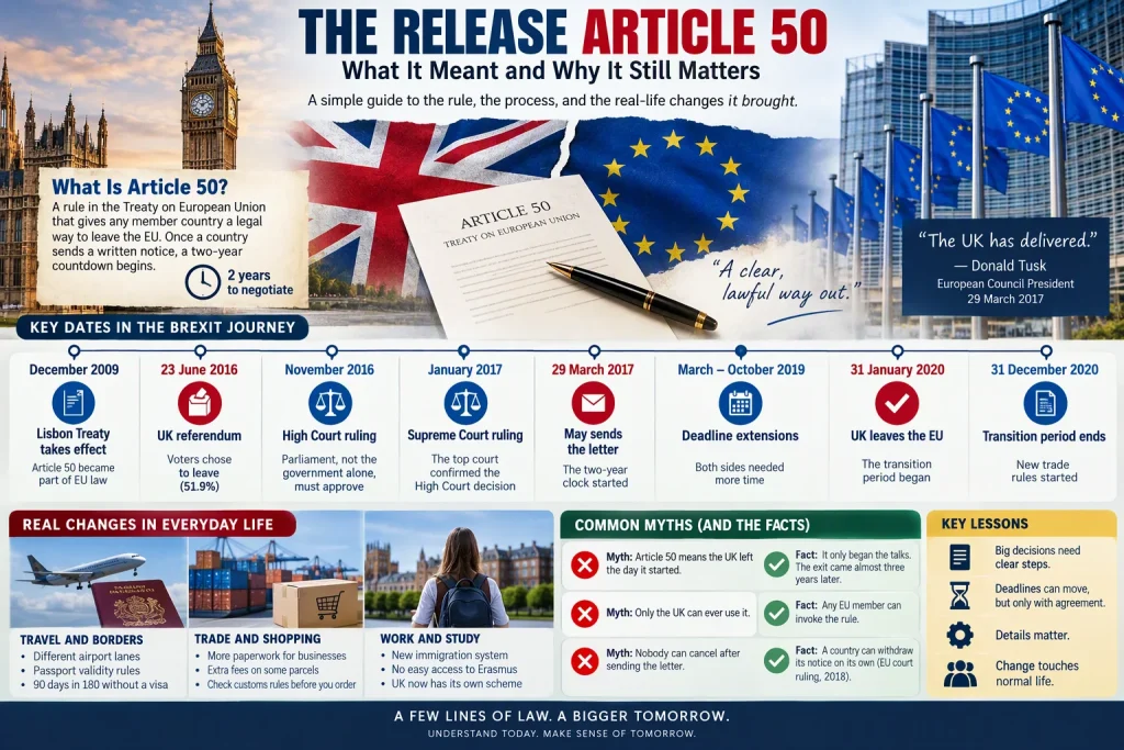 The release article 50: What It Meant and Why It Still Matters Few legal clauses made global headlines like Article 50 did. For years, people argued about it at work, at home, and online. The release article 50 story began when the UK chose to leave the European Union, and it changed daily life for millions of people. This guide explains it in plain words. You will learn what the clause says, how the process worked, and what happened next. Grab a cup of tea, and let's get started. ## What Is Article 50 in Plain English? Article 50 is a short rule inside the Treaty on European Union. It tells any member country how to leave the EU. Before this rule existed, no formal exit path was in place. ### Where the Rule Came From The Lisbon Treaty added Article 50. It took effect in December 2009. Most people had never heard of it until 2016. The authors wrote it as a safety valve. They wanted any member to have a clear, lawful way out. Nobody expected a big member like the UK to use it so soon. ### How the Exit Clock Works The rule is simple. A country decides to leave under its own legal rules. Then it tells the European Council in writing. That letter starts a two-year countdown. During that time, both sides negotiate the terms of the split. The clock can stop earlier if a deal is signed, or it can grow longer if every member agrees. ## The Road to the Release: A Step-by-Step Story The release article 50 moment did not happen overnight. Several big events came first. Each one shaped what followed. ### The 2016 Referendum On 23 June 2016, UK voters went to the polls. About 51.9 percent chose to leave the EU. The result shocked many people on both sides. Then a big question popped up. Who gets to start the exit process: the government or Parliament? That question landed in court. ### The Court Battle Over Who Decides Businesswoman Gina Miller led a legal challenge. Her team argued that only Parliament could trigger the exit. The government argued that it could act alone using its royal powers. The High Court sided with Miller in November 2016. The Supreme Court agreed in January 2017, with eight of eleven judges backing that view. The release article 50 plan now needed a vote in Parliament. ### The Letter That Started the Clock Parliament passed a short law in March 2017. Soon after, Prime Minister Theresa May signed a six-page letter. On 29 March 2017, the UK's ambassador handed it to European Council President Donald Tusk in Brussels. The countdown began that day. The two-year deadline pointed to 29 March 2019. Tusk said the UK had "delivered" after nine months of waiting. ## The Key Dates at a Glance A timeline helps here, because the story has many moving parts. This table shows the main steps from vote to exit. Read it top to bottom. | **Date** | **Event** | **Why It Mattered** | | --------------------- | -------------------------- | -------------------------------------------------- | | December 2009 | Lisbon Treaty takes effect | Article 50 became part of EU law | | 23 June 2016 | UK referendum | Voters chose to leave | | November 2016 | High Court ruling | Parliament, not the government alone, must approve | | January 2017 | Supreme Court ruling | The top court confirmed the High Court decision | | 29 March 2017 | May sends the letter | The two-year clock started | | March to October 2019 | Deadline extensions | Both sides needed more time | | 31 January 2020 | UK leaves the EU | The transition period began | | 31 December 2020 | Transition period ends | New trade rules started | ## Why the Two-Year Clock Did Not End the Story Most people expected a clean break in March 2019. That did not happen. The talks proved harder than anyone guessed. ### The Extensions The release article 50 timeline stretched because Parliament rejected the first withdrawal deal several times. Leaders in Brussels then agreed to extend the deadline. They did it more than once. The date moved from March 2019 to April, then to October, and finally to January 2020. Each extension needed approval from all EU members. That shows how the rule works in real life: the clock bends only when everyone agrees. ### The Deal and the Exit Boris Johnson's government reached a new withdrawal agreement in October 2019. Parliament passed it in early 2020. The UK left the EU at 11 pm GMT on 31 January 2020. A transition period followed. During those eleven months, most rules stayed the same. Then the two sides signed a trade agreement on Christmas Eve 2020, just days before the deadline. ## How It Changed Everyday Life Big legal news can feel far away. Yet this one reached kitchens, airports, and workplaces. Here are a few real examples. ### Travel and Borders British travelers now use different lanes at many EU airports. Passports need enough validity left on them. Visits to EU countries can last only 90 days in any 180-day period without a visa. ### Trade and Shopping Companies that sell goods across the Channel now fill out more paperwork. Small online shops felt this first. Some of them paused EU sales until they learned the new rules. Shoppers noticed it too. A parcel from a European seller sometimes arrives with extra fees. Checking the customs rules before you order saves a headache. ### Work and Study EU citizens who wanted to work in the UK need to follow the new immigration system. British citizens face similar steps in EU countries. Students also lost easy access to the Erasmus exchange program, although the UK later set up its own scheme. ## Common Myths About Article 50 Plenty of confusion floats around online. Let's clear up a few points. Short answers help most. **Myth: Article 50 means the UK left the day it started.** It did not. The letter only began the talks. The exit came almost three years later. **Myth: Only the UK can ever use it.** Any EU member can invoke the rule. Greenland left the EU's predecessor earlier by a different route, but Article 50 is the formal tool today. **Myth: Nobody can cancel after sending the letter.** In December 2018, the EU's top court ruled that a country can withdraw its notice on its own. That ruling came from a case brought by Scottish politicians. It gave the UK an option that it did not use. ## Lessons Anyone Can Take From This Story Even if you never plan to leave a union, this story teaches useful things. First, big decisions need clear steps. A vague plan leads to long fights. Second, deadlines can move, but only with agreement. Third, details matter. A single legal question about who holds the power took months to settle and shaped the whole path. Finally, change touches normal life. Passport lines, shipping fees, and school exchanges all felt the effect. Knowing the basics helps you read the news with more confidence. ## Frequently Asked Questions ### What does Article 50 do? It gives any EU country a legal way to leave the union. The country sends a written notice, and a two-year talking period begins. ### When did the UK trigger Article 50? The UK triggered it on 29 March 2017. Theresa May's letter reached Donald Tusk in Brussels that day. ### Why did the UK need Parliament's approval? The Supreme Court ruled in January 2017 that the government could not act alone. Parliament had to pass a law first. ### Did the two-year deadline change? Yes. EU leaders agreed to extend it several times. The final exit date became 31 January 2020. ### Can a country cancel the process after it starts? Yes. The EU's top court ruled in 2018 that a country can withdraw its notice on its own. The rule applies as long as the process has not finished. ## Final Thoughts The release article 50 story shows how a few lines of law can reshape a nation. The clause set out a two-year path, but real life took far longer. Courts, Parliament, and leaders in Brussels all played a part. Remember the key points. The Lisbon Treaty created the rule. The UK triggered it on 29 March 2017 after a court ruling. The country left in January 2020, and new trade terms began at the end of that year. If you follow one lesson, make it this one. Clear rules help, but patience helps more. Now you can explain this topic to a friend over coffee. content ar upor vitti kore amake akta image banai dao image size 16:9.